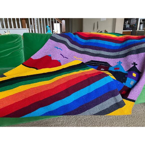vintage 80s RAINBOW STRIPED Iglesia MEXICAN Blanket serape woven Falsa blanket - Picture 8 of 10